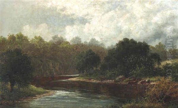 A River Landscape With Cattle Watering Oil Painting by William Henry Mander