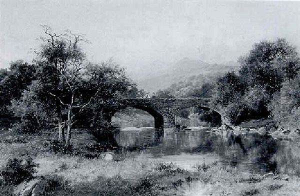 Boys Playing On A Bridge In Wooded River Landscape Oil Painting by William Henry Mander