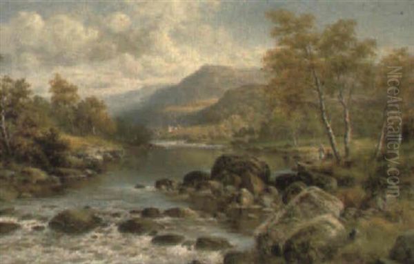 Figures By A River Below Capel Curig Oil Painting by William Henry Mander