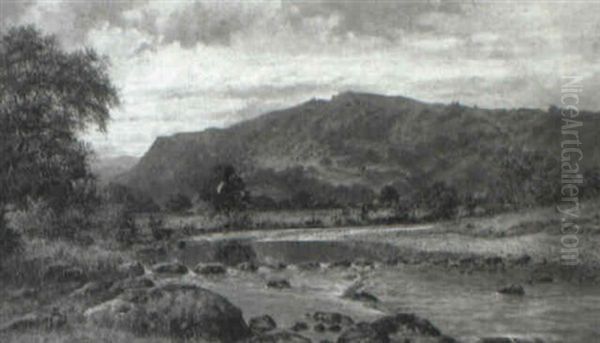 Rocky Stream With Mountains In The Distance Oil Painting by William Henry Mander