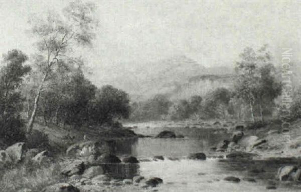 Boys Fishing In A River Valley Oil Painting by William Henry Mander