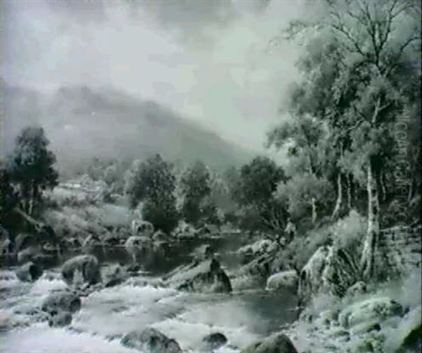 Fishing In A Rocky River Oil Painting by William Henry Mander