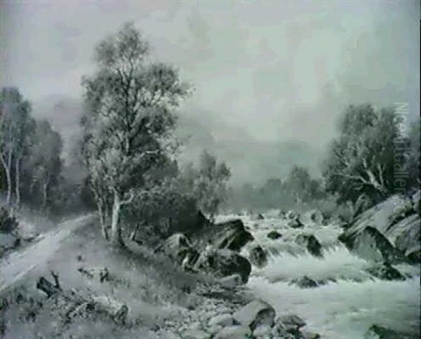 In The Lledr Valley, N. Wales  A Welsh Stream, Early Autumn, Near Capel Curig Oil Painting by William Henry Mander