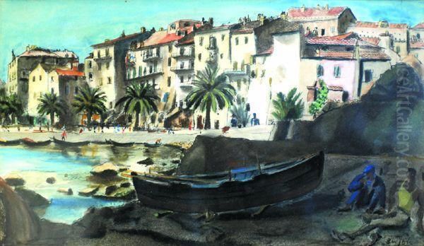 Pecheurs Devant Menton (?). Oil Painting by Charles Berjole