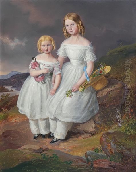 Portrait Of Franziska Countess Kolowrat-krakowsky And Seraphine Countess Kolowrat Krakowsky Oil Painting by Josef Manes