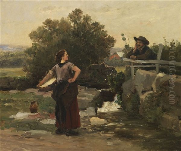 Wascherin Und Bursche Am Bachufer Im Gesprach Oil Painting by Vaclav (Wenzel) Manes