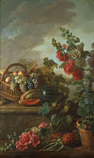 Nature Morte Au Panier De Peches Etraisins Oil Painting by Antoine Berjon