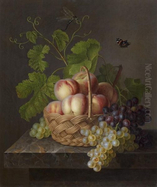 Nature Morte Au Panier De Peches Et Grappes De Raisin Sur Un Entablement Oil Painting by Antoine Berjon