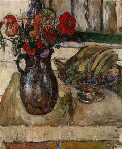 Still Life With Fruit (+ Bouquet Of Flowers; Verso) Oil Painting by Abram Anshelevich Manevich