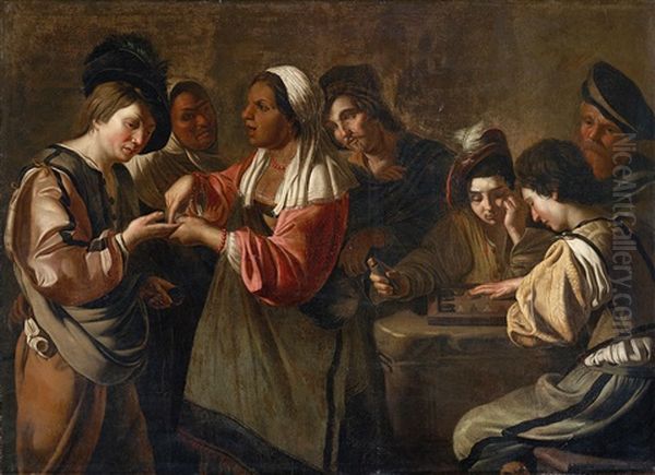 The Fortune Teller With A Group Of Players Oil Painting by Bartolomeo Manfredi