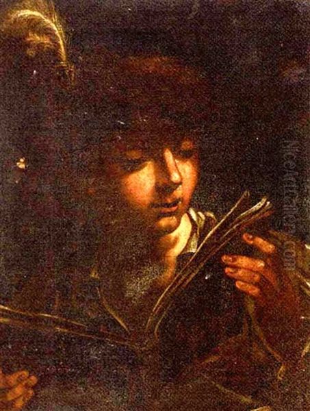 A Boy With A Plummed Hat Reading A Book Oil Painting by Bartolomeo Manfredi