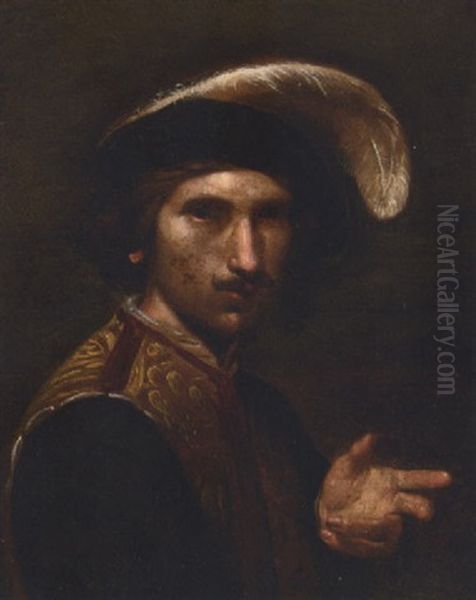 Portrait Of A Gentleman Wearing A Feathered Cap Oil Painting by Bartolomeo Manfredi