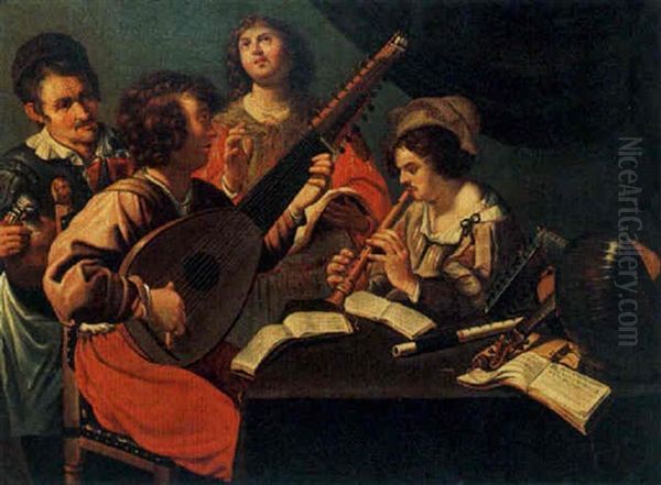 Figures Making Music Around A Table Oil Painting by Bartolomeo Manfredi