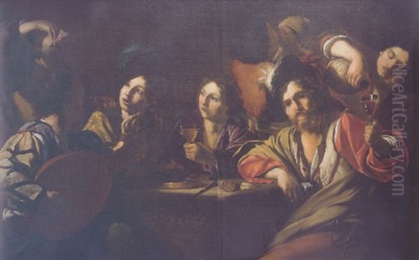 Bravos Drinking And Making Music Oil Painting by Bartolomeo Manfredi