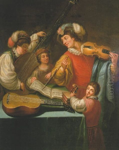 A Violinist Instructing A Youth, Another Tuning A Guitar And A Child Leaning Against A Table Oil Painting by Bartolomeo Manfredi