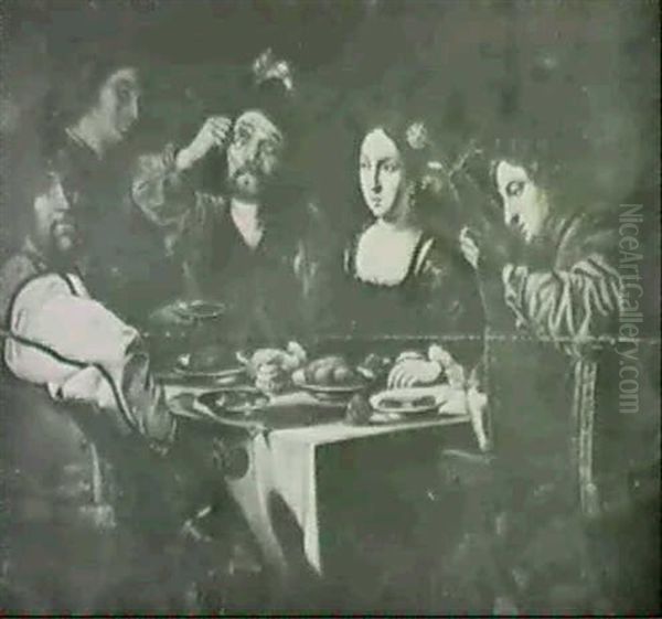 Five Figures Seated Around A Table With                     A Pewter Setting Oil Painting by Bartolomeo Manfredi