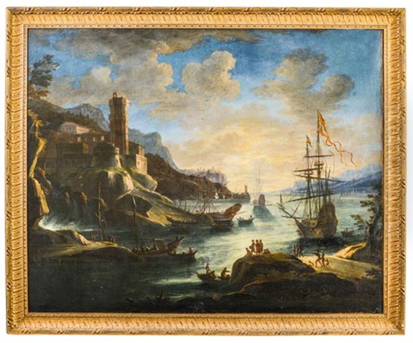 Zwei Mediterrane Seehafen Mit Prachtiger Architektur Und Zahlreichen Schiffen Im Abendlicht. Gegenstucke Oil Painting by Adrien Manglard