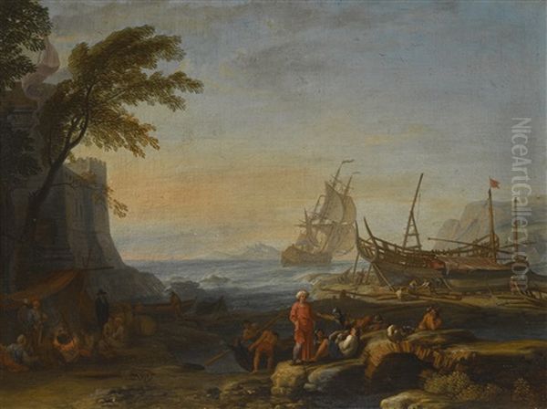 A Mediterranean Coastal Landscape At Evening With Figures Gathered On The Shore Oil Painting by Adrien Manglard