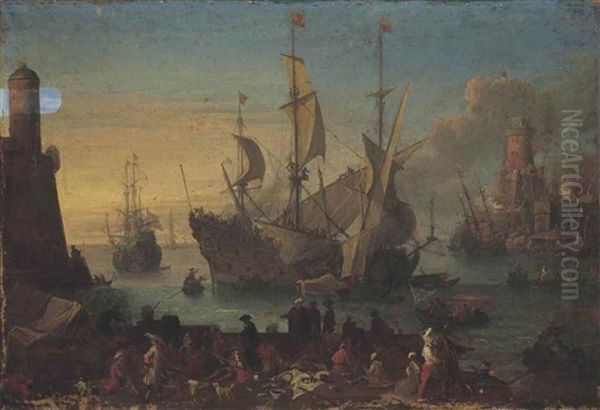 A Mediterranean Harbour, With Elegant Company And Merchants On The Shore, Anchored Ships Beyond Oil Painting by Adrien Manglard