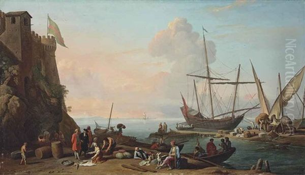 A Mediterranean Harbour With Stevedores Unloading Their Ships, Figures Selling Fish In The Foreground By A Fortress Oil Painting by Adrien Manglard