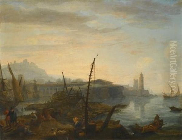 A Mediterranean Port With Figures Resting And Fishermen Drawing In Their Nets In The Foreground, A Tower Beyond Oil Painting by Adrien Manglard