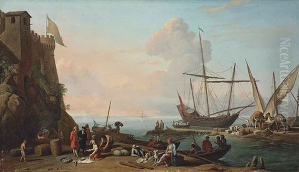 A Mediterranean Harbor With Stevedores Unloading Their Ships, Figures Selling Fish In The Foreground By A Fortress by Adrien Manglard