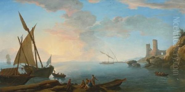 Southern Mediterranean Seascape With Boats And Figures At Sunset Oil Painting by Adrien Manglard