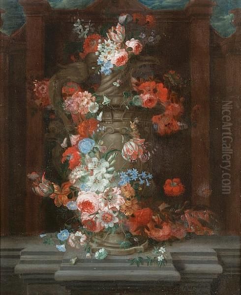 Roses, Chrysanthemums, Poppies, Morning Glory, Tulips And Other Flowers In A Stone Vase In An Architectural Niche Oil Painting by H. Berk