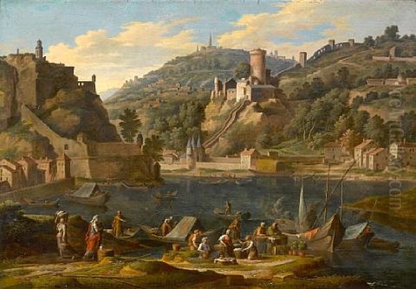 A Harbor With Figures On A Quay And A Hill Town Beyond Oil Painting by Adrien Manglard