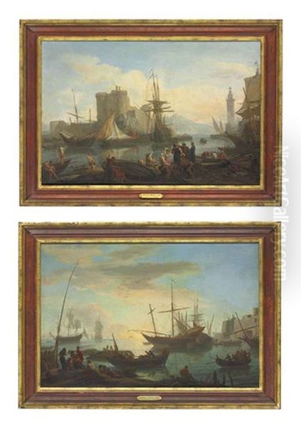 A Capriccio View Of The Harbour At Naples, With The Castelnuovo, Lanterna Del Molo And Vesuvius Beyond, With Fishermen And Stevedores (+ A Capriccio View Of The Harbour At Naples, With The Castel Dell'ovo, Men Playing Cards; 2 Works) Oil Painting by Adrien Manglard