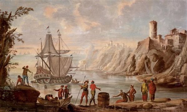 Soldat Et Personnages Orientaux Dans Un Port Mediterraneen Oil Painting by Adrien Manglard