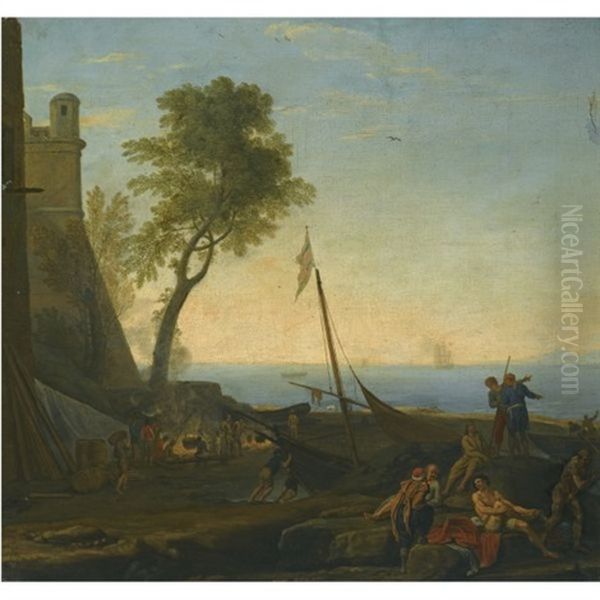 A Coastal Scene By A Harbour With A Boat And Figures In The Foreground Oil Painting by Adrien Manglard