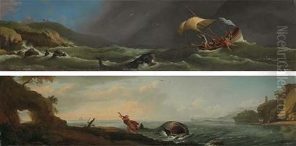 Jonah Thrown Overboard (+ Jonah Released From The Whale; Pair) Oil Painting by Adrien Manglard