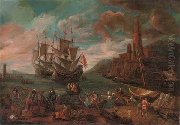 A Mediterranian Coastal Scene With Figures Disembarking From A Ship And A Town Beyond Oil Painting by Adrien Manglard