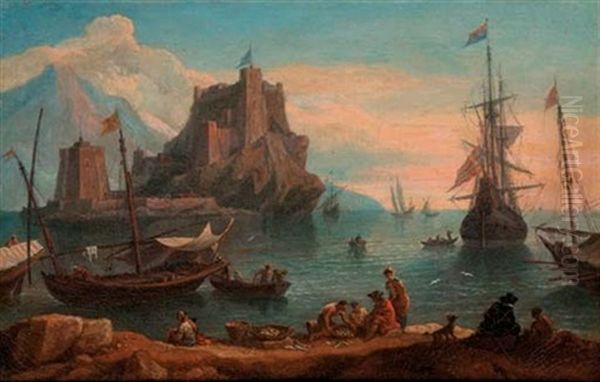 A Mediterranean Port With Fisherfolk In The Foregound, A Dutch Man-o'-war Beyond Oil Painting by Adrien Manglard