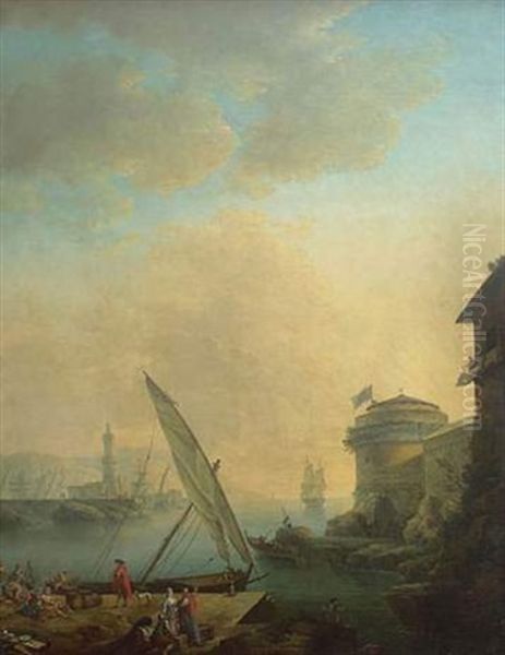 Scene De Port Mediterraneen Avec Un Marchand Oil Painting by Adrien Manglard