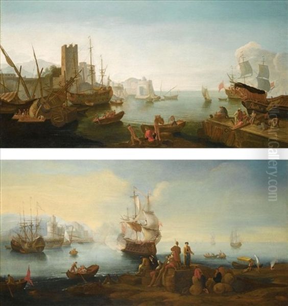 A Mediterranean Port Scene With Figures Unloading A Boat On A Quay, Ships At Anchor Beyond; (+ A Mediterranean Harbour Scene With Merchants Resting By Their Wares, A Ship Firing A Salute Beyond; Pair) Oil Painting by Adrien Manglard