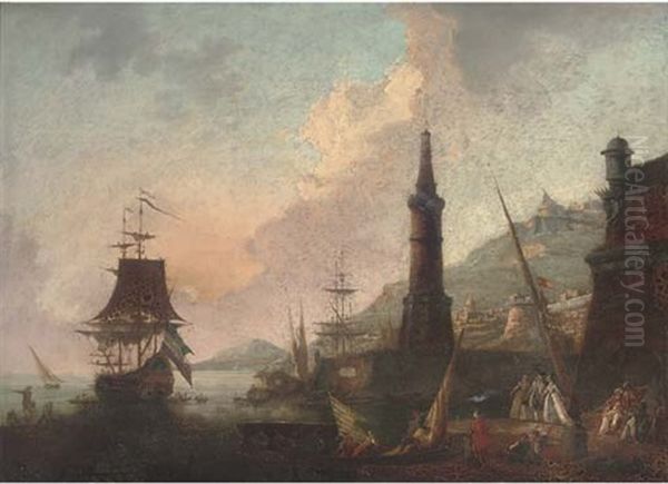 A Mediterranean Harbour With Elegant Company And Merchants By A Lighthouse, Shipping Beyond Oil Painting by Adrien Manglard