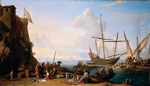 Mediterranean Harbour Scene With Merchants Selling Their Wares On The Quay Oil Painting by Adrien Manglard