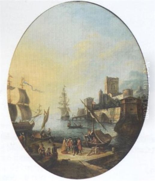 A Medittaranean Harbour With Elegant Figures And Stevedores On A Quay, Moored Shipping Beyond Oil Painting by Adrien Manglard