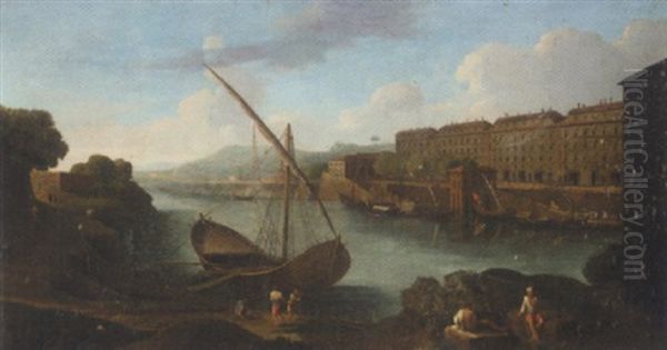 A Mediterranean Harbour Scene, With Figures Before A Barque Oil Painting by Adrien Manglard