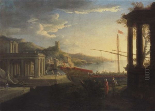 A Mediterranean Harbour With Figures Amongst Classical Ruins Oil Painting by Adrien Manglard