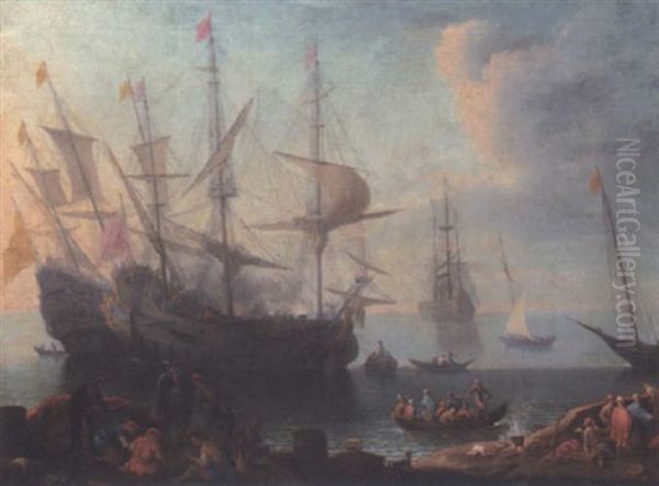 View Of A Mediterranean Harbour Oil Painting by Adrien Manglard