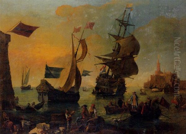 L'arrivee D'un Navire Hollandais Dans Un Port Mediterraneen Oil Painting by Adrien Manglard