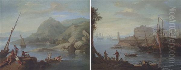 An Estuary With Fisherfolk On A Cliff Oil Painting by Adrien Manglard