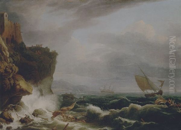 A Stormy Landscape With A Shipwreck Off A Rocky Coast Oil Painting by Adrien Manglard