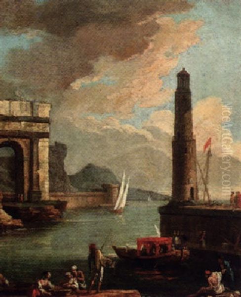 A Mediterranean Harbour With Peasants On The Shore With A Launch By A Quayside And A Tower Beyond Oil Painting by Adrien Manglard