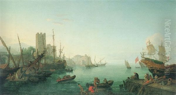 A Mediterranean Harbor Oil Painting by Adrien Manglard