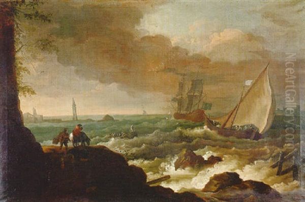 Comerciante Y Un Guardacostas En Una Costa Rocosa Con Tempestad, Un Faro En Ruinas Y Figuras De Viajeros Oil Painting by Adrien Manglard