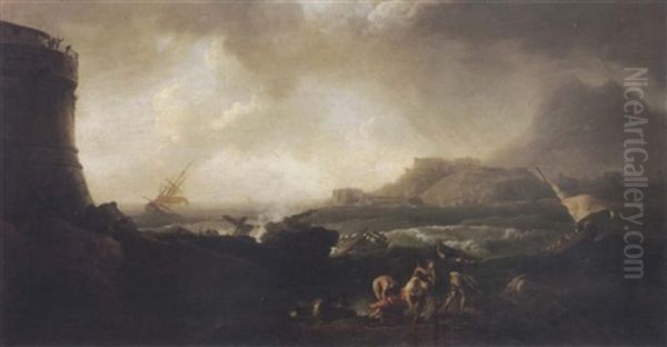 A Shipwreck In Stormy Seas Oil Painting by Adrien Manglard